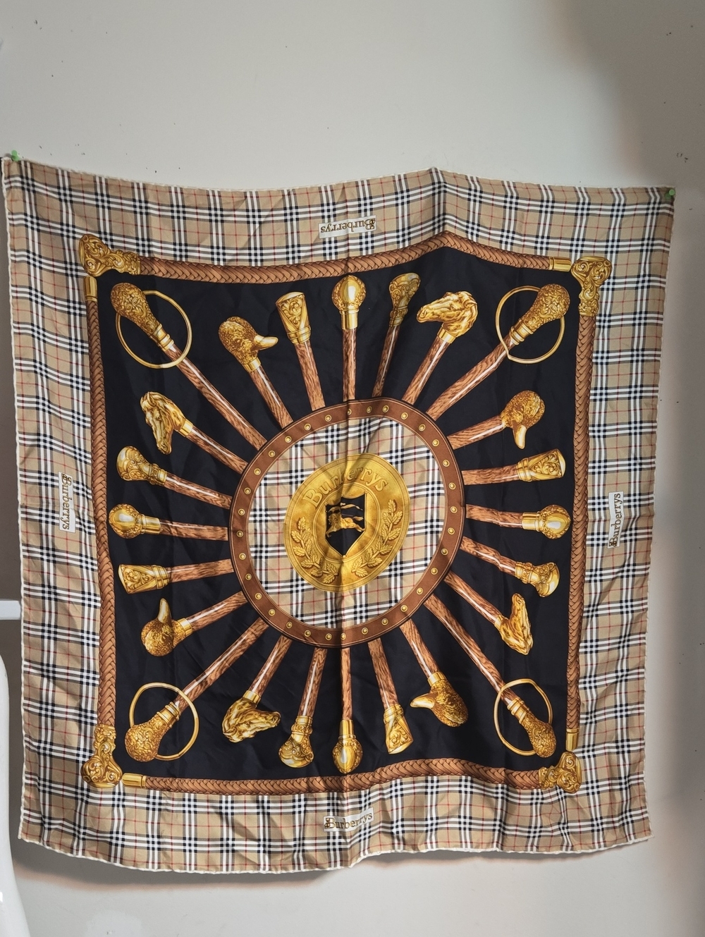 Burberry Black, Beige and Gold Heraldic Medallion Tapestry